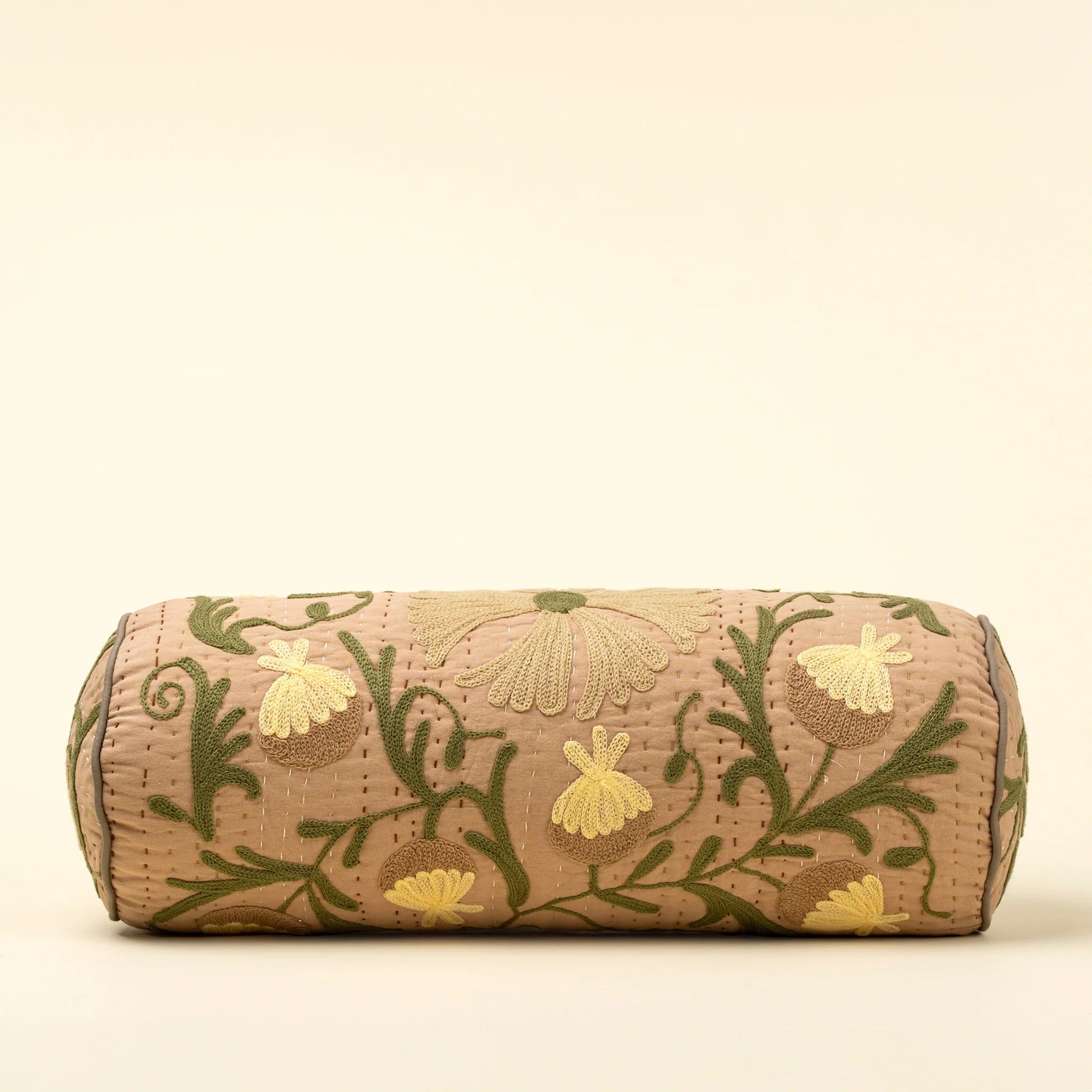 Suzani Embroidered Kantha Bolster, Beige