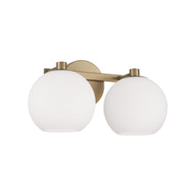 Load image into Gallery viewer, 2-Light Circular Globe Vanity in Aged Brass with Soft White Glass