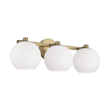 Load image into Gallery viewer, 3-Light Circular Globe Vanity in Aged Brass with Soft White Glass