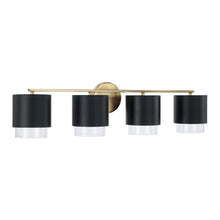 Load image into Gallery viewer, 4-Light Cylindrical Metal Vanity in Matte Black with Matte Brass Interior and Seeded Glass