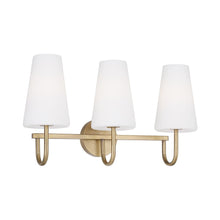 Load image into Gallery viewer, 3-Light Vanity in Aged Brass with Tapered Soft White Glass