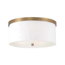 Load image into Gallery viewer, 3-Light Flush Mount in Aged Brass - White Fabric Drum Shade with Diffuser