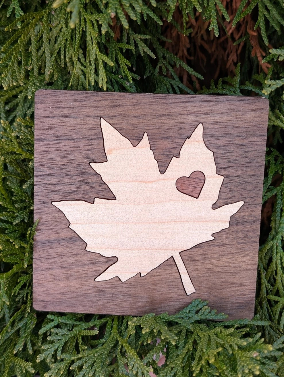 Maple Leaf Wood Inlay Coaster - Made in Canada