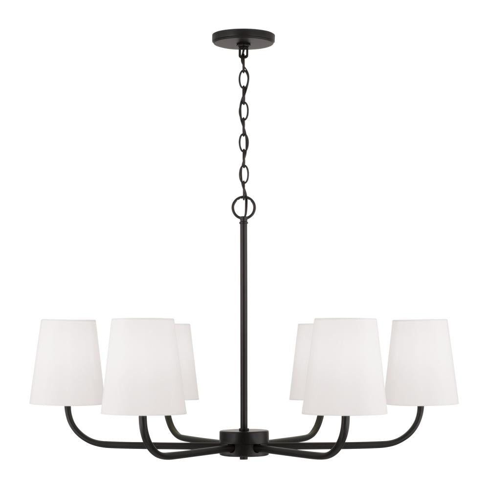6-Light Chandelier in Matte Black with White Fabric Stay-Straight Shades