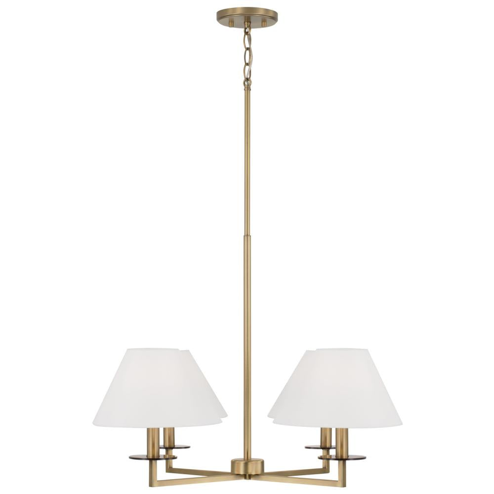 4-Light Chandelier in Aged Brass with White Fabric Stay-Straight Shades