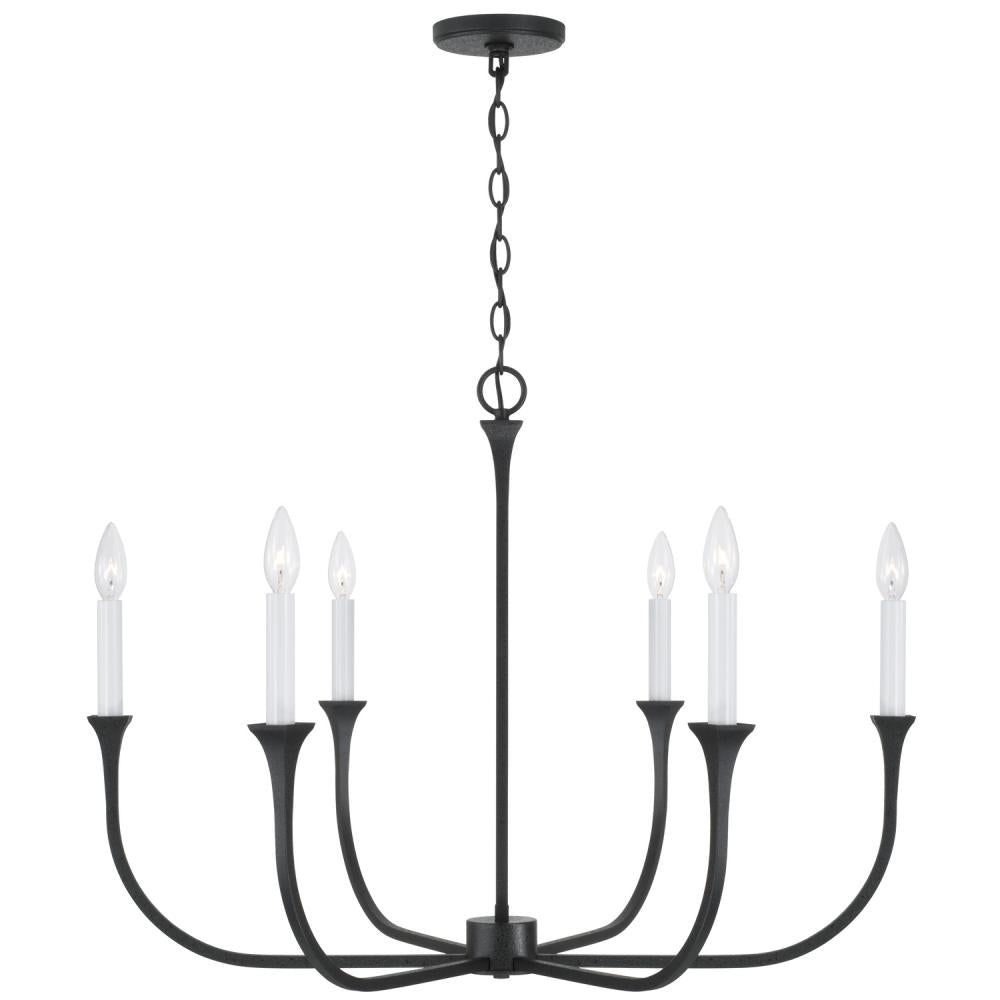 6-Light Chandelier in Black Iron with Interchangeable White or Black Iron Candle Sleeves