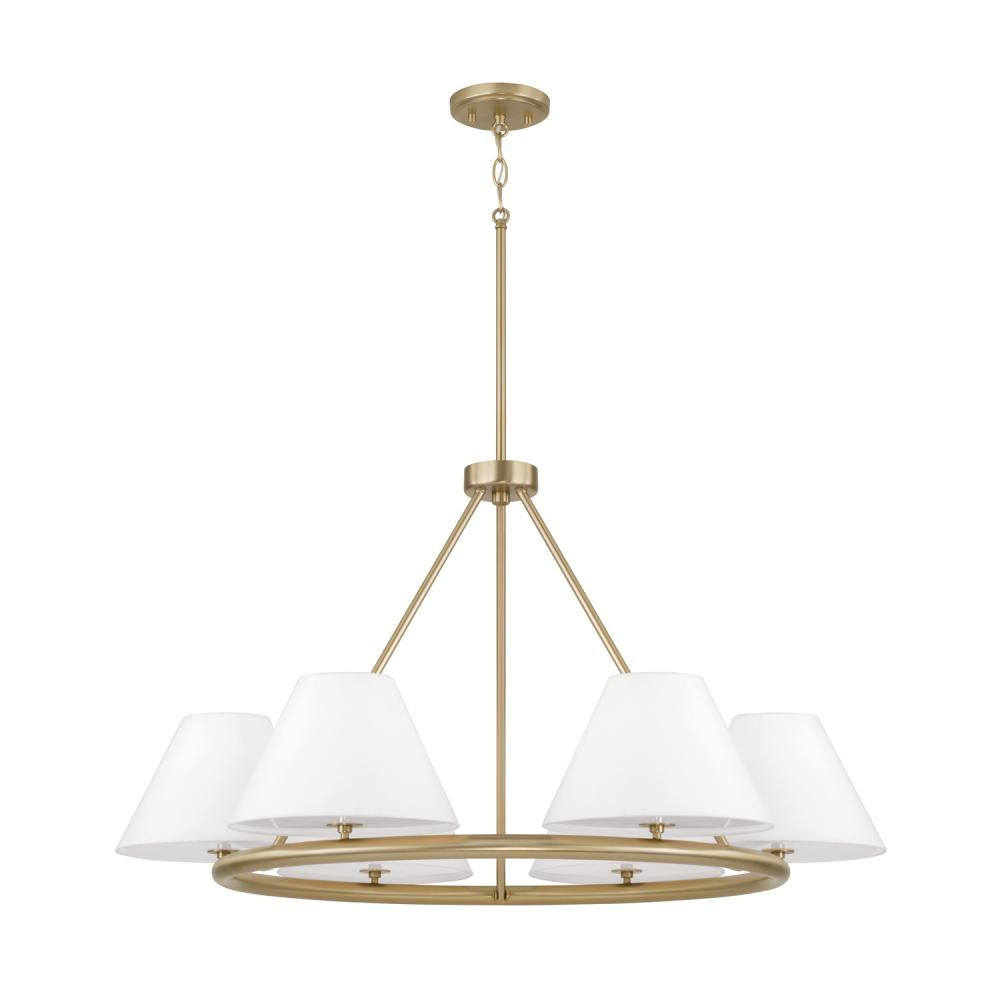 6-Light Circular Chandelier in Matte Brass with White Fabric Shades and Glass Diffusers