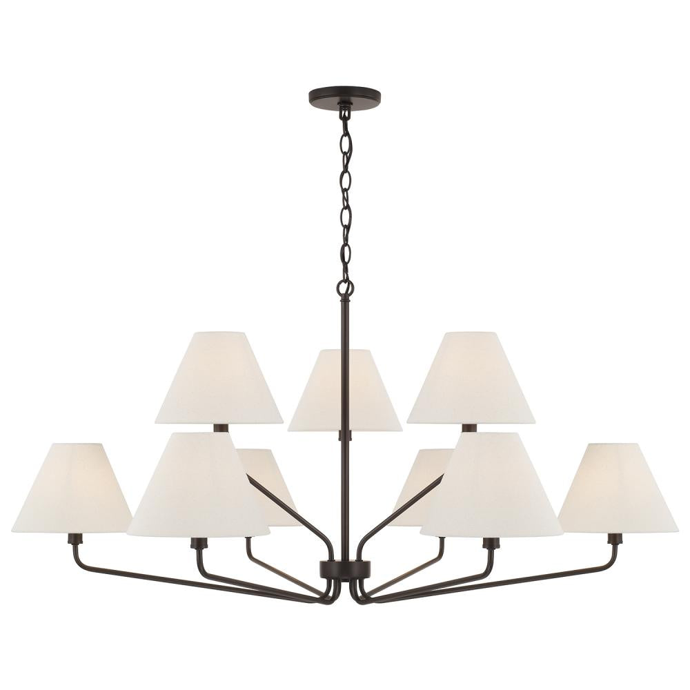 9-Light Angular Two-Tier Chandelier in Espresso with Tapered Soft Tan Fabric Shades