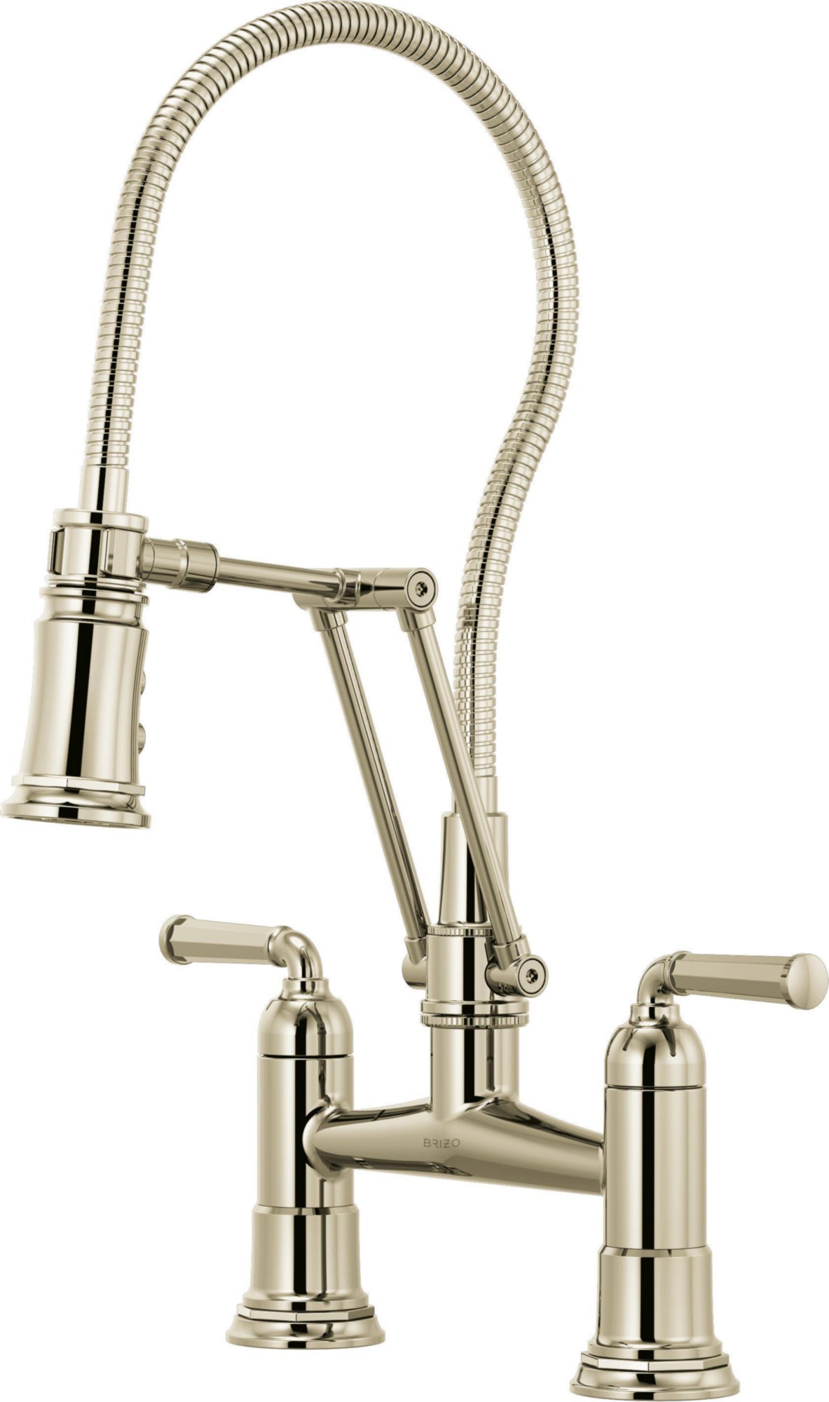 TWO HANDLE ARTICULATING BRIDGE FAUCET WITH FINISHED HOSE
