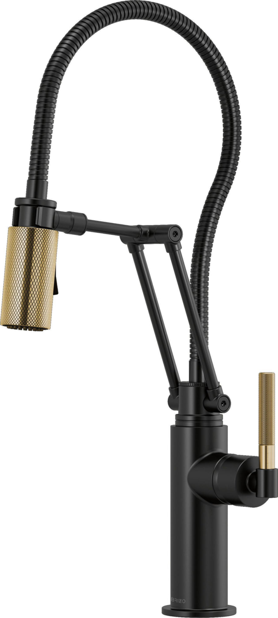 ARTICULATING FAUCET WITH KNURLED HANDLE AND FINISHED HOSE