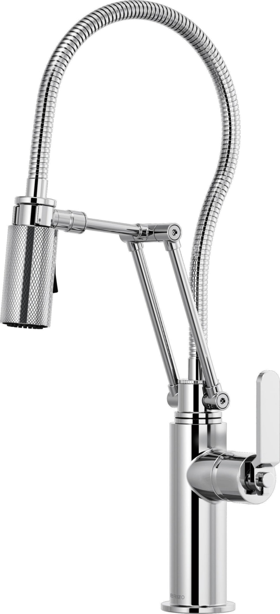 ARTICULATING FAUCET WITH INDUSTRIAL HANDLE AND FINISHED HOSE