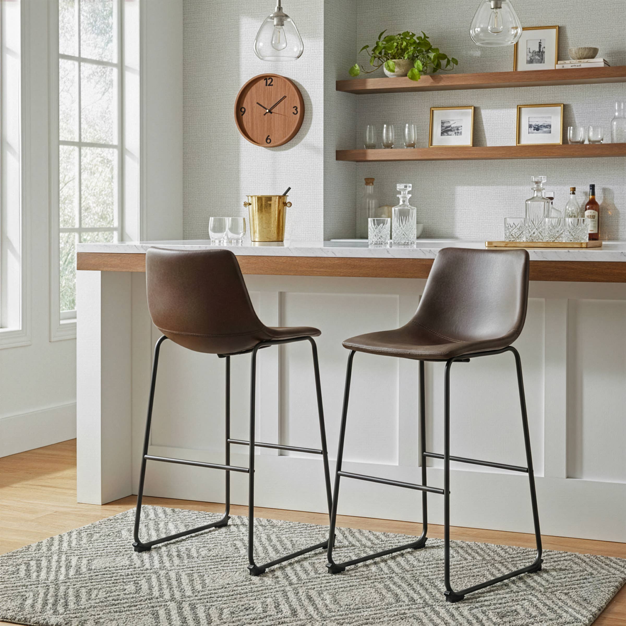 Set of 2 Adan Iron Frame Dark Brown Faux Leather Bar Stool