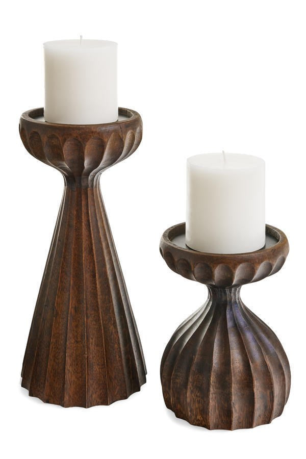 Candle Holder Ribbed Mango Wood Dark Walnut (2 Sizes)