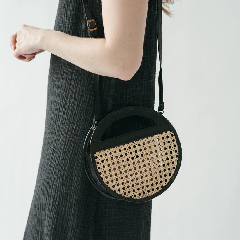 Leather Bag with Cane Accent - Round