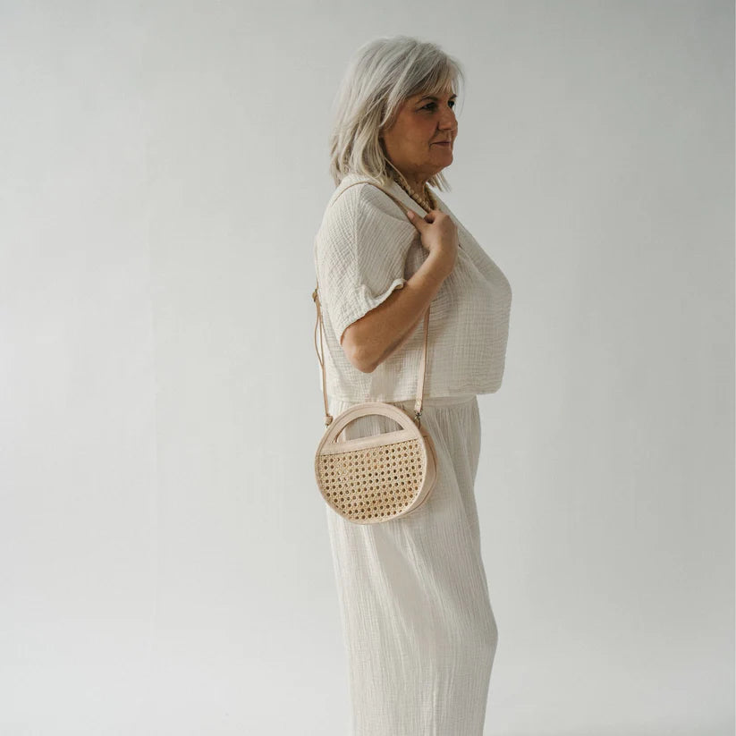 Leather Bag with Cane Accent - Round
