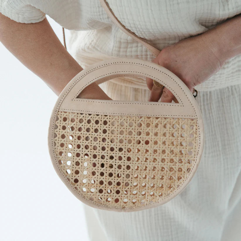Leather Bag with Cane Accent - Round