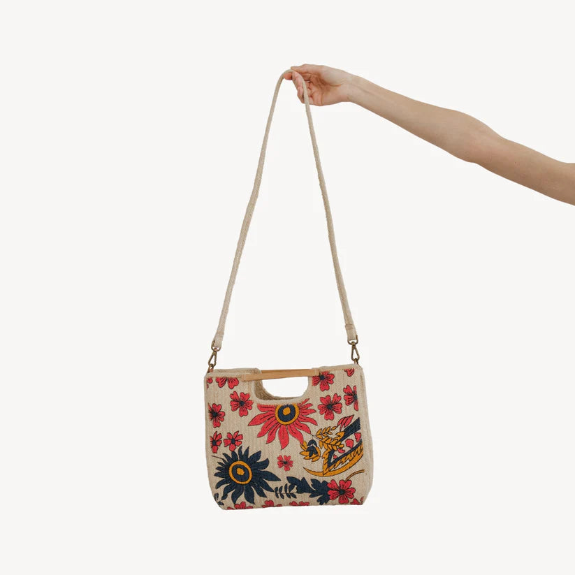 Jute Bag - Handled Crossbody with Removable Strap & Tassel - Floral Punch