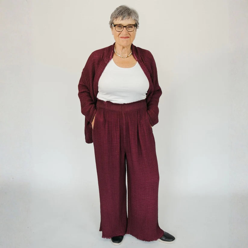 4-Layer Crinkle Palazzo Pants (Cranberry)