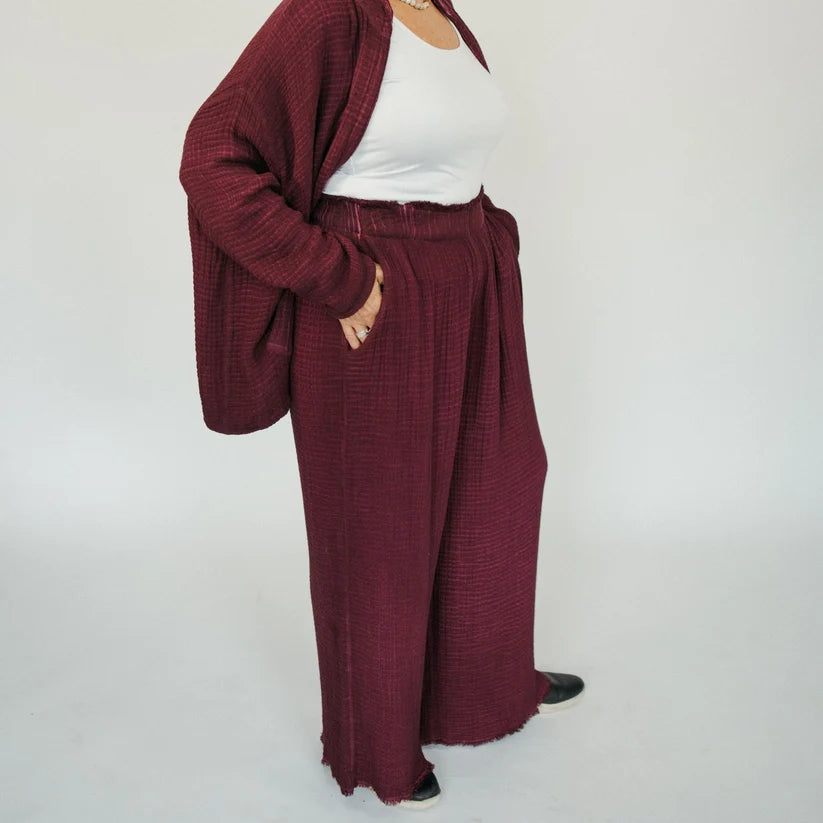 4-Layer Crinkle Palazzo Pants (Cranberry)