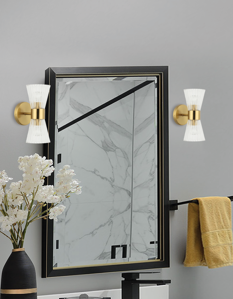 2LT Wall Sconce, AGB with CLR Ribbed Glass