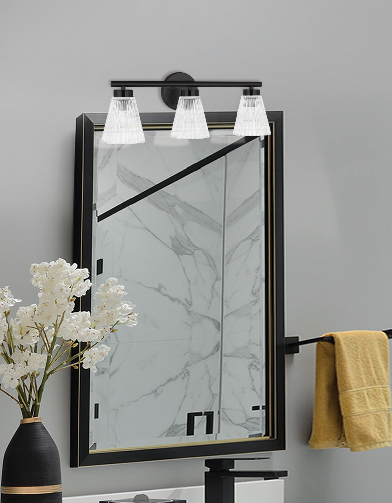 3LT Vanity, MB with CLR Ribbed Glass