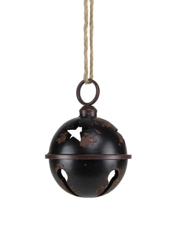 7"DIA TIN ANTIQUE BLACK JINGLE BELL W/JUTE ROPE