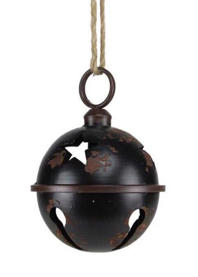 9"DIA TIN ANTIQUE BLACK JINGLE BELL W/JUTE ROPE