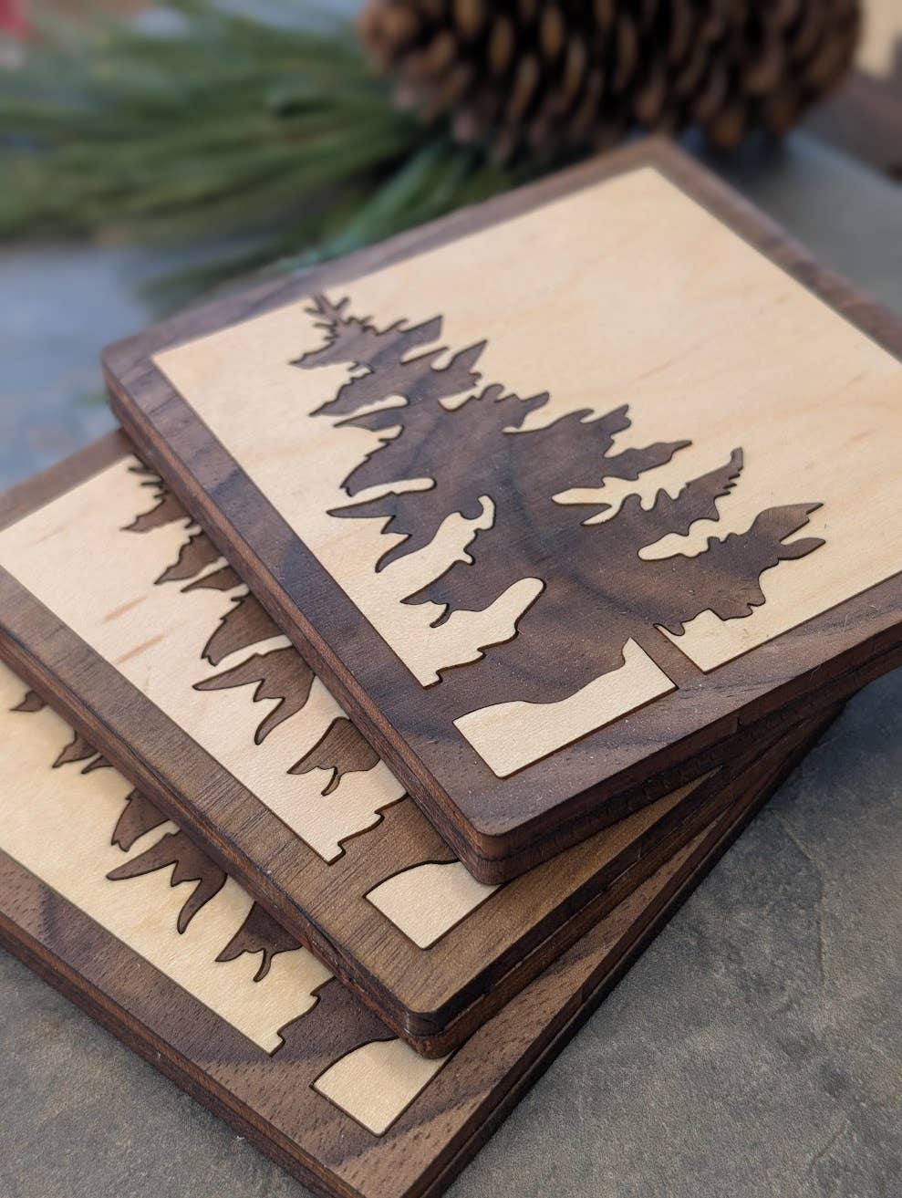 Pine Tree Inlay Wood Coaster - Made in Canada Souvenir
