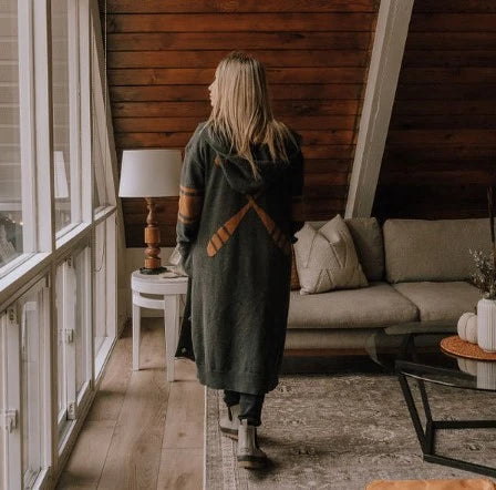 Long Hooded Dockside Knit Cardi - Charcoal & Camel 100% Cotton