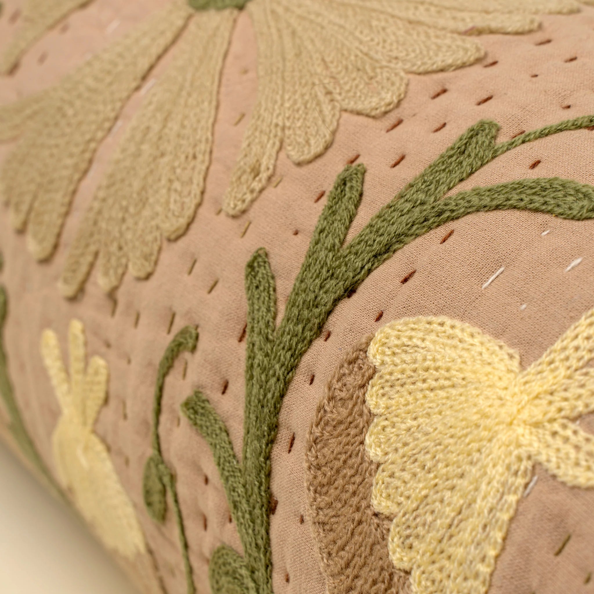 Suzani Embroidered Kantha Bolster, Beige