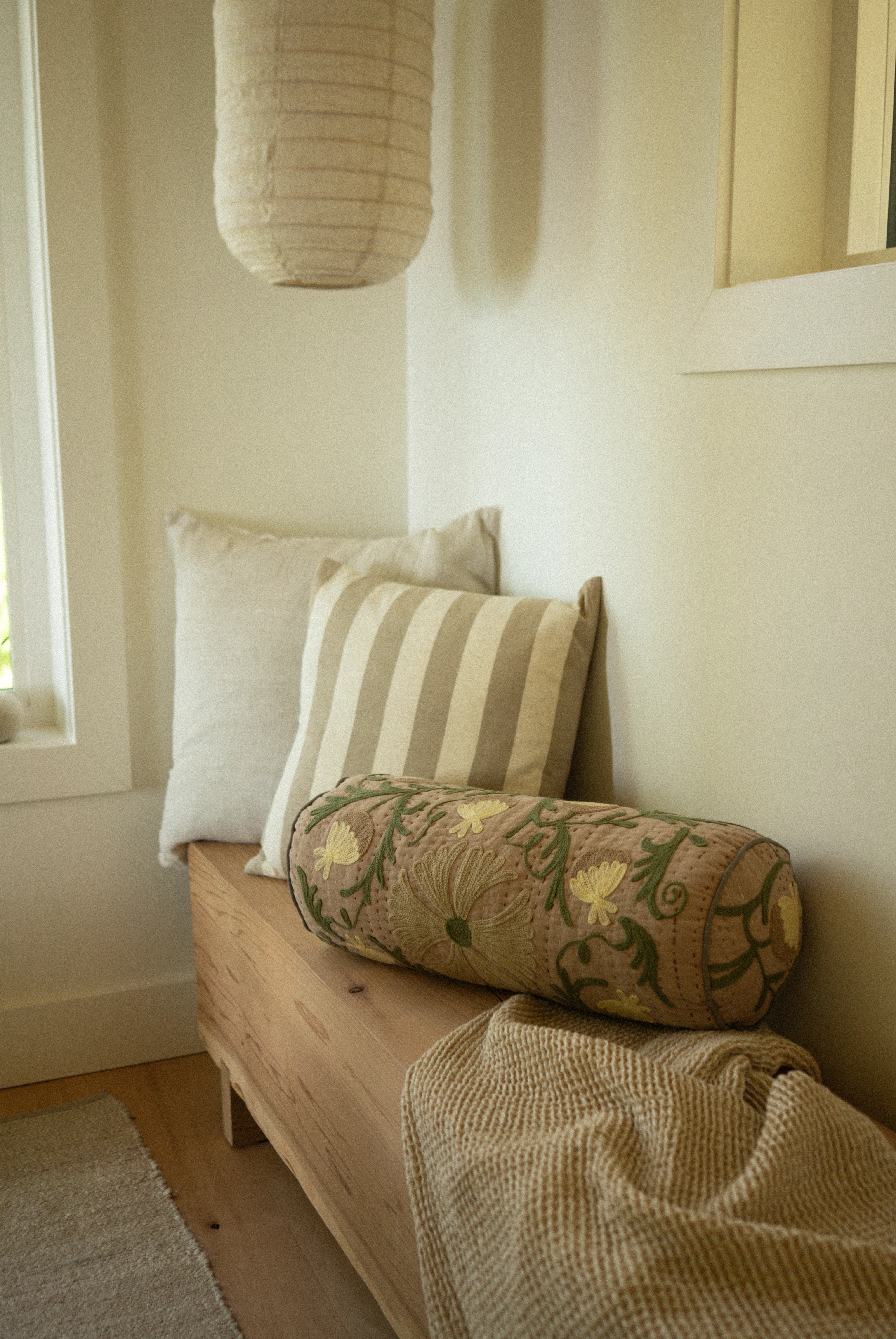Suzani Embroidered Kantha Bolster, Beige