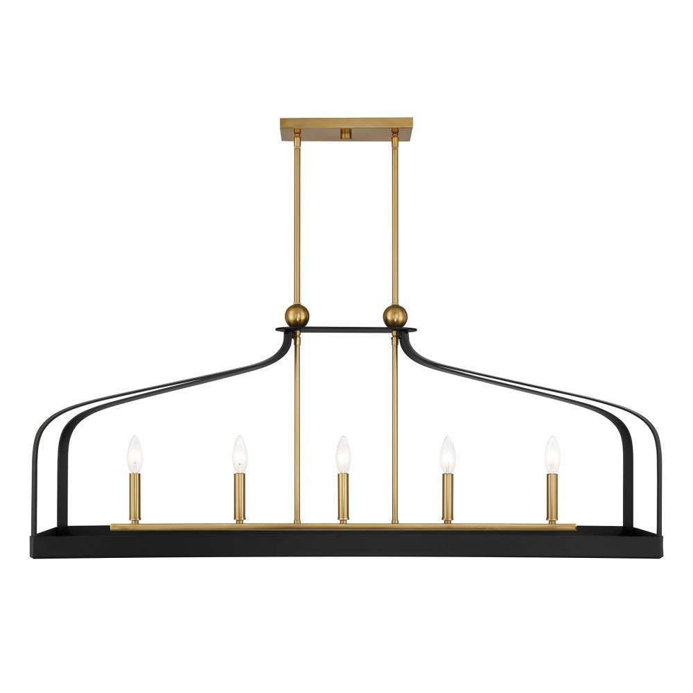 Sheffield 5-Light Linear Chandelier in Matte Black with Warm Brass Accents