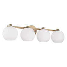 Load image into Gallery viewer, 4-Light Circular Globe Vanity in Aged Brass with Soft White Glass
