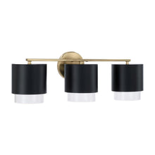 Load image into Gallery viewer, 3-Light Cylindrical Metal Vanity in Matte Black with Matte Brass Interior and Seeded Glass
