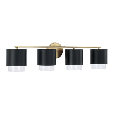 4-Light Cylindrical Metal Vanity in Matte Black with Matte Brass Interior and Seeded Glass