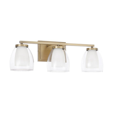 3-Light Vanity in Aged Brass with Layered White and Clear Glass