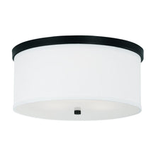 Load image into Gallery viewer, 3-Light Flush Mount in Matte Black with White Fabric Drum Shade with Diffuser
