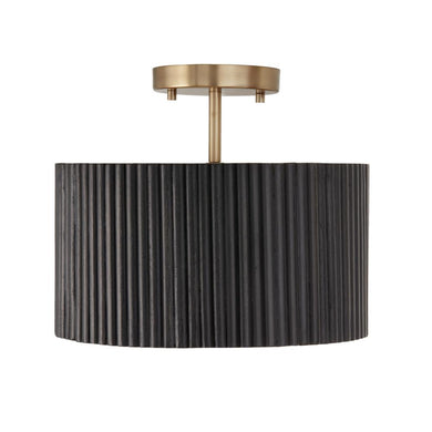 1-Light Semi-Flush Pendant in Matte Brass and Handcrafted Mango Wood in Black Stain