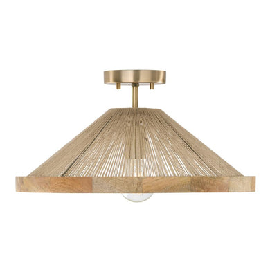 1-Light Dual Mount Pendant in Matte Brass with Mango Wood and Handwrapped Natural Jute Rope String