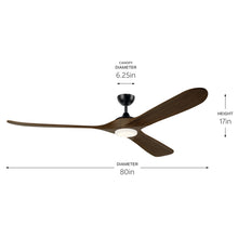 Load image into Gallery viewer, 80 in Mylo Ceiling Fan with Satin Etch Cased Opal Glass in Satin Black with Aged Walnut Wood Blades
