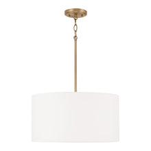 Load image into Gallery viewer, 3-Light Pendant in Aged Brass with White Fabric Drum Shade and Acrylic Diffuser
