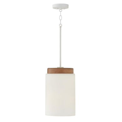1-Light Cylindrical Pendant in White with Mango Wood and Soft White Glass