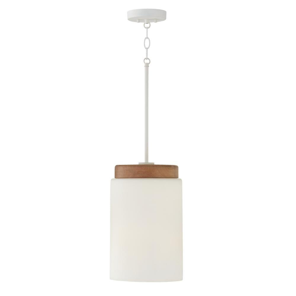 1-Light Cylindrical Pendant in White with Mango Wood and Soft White Glass