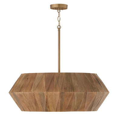 6-Light Pendant in Hand-distressed Patinaed Brass and Handcrafted Mango Wood