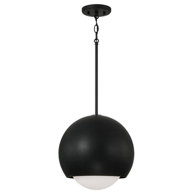 1-Light Circular Globe Pendant in Black Iron with Soft White Glass