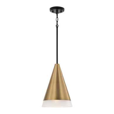 1-Light Cone Pendant in Black with Aged Brass and Soft White Glass Shade