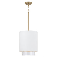 Load image into Gallery viewer, 1-Light Cylindrical Metal Pendant in Matte White with Matte Brass Interior and Seeded Glass
