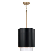 Load image into Gallery viewer, 1-Light Cylindrical Metal Pendant in Matte Black with Matte Brass Interior and Seeded Glass
