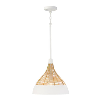 1-Light Boho Pendant in Matte White with Handcrafted Natural Rattan