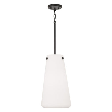 1-Light Pendant in Matte Black with Tapered Soft White Glass
